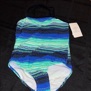 NWT Old Navy Blue and Green Striped one piece swimsuit spf 40 medium girls